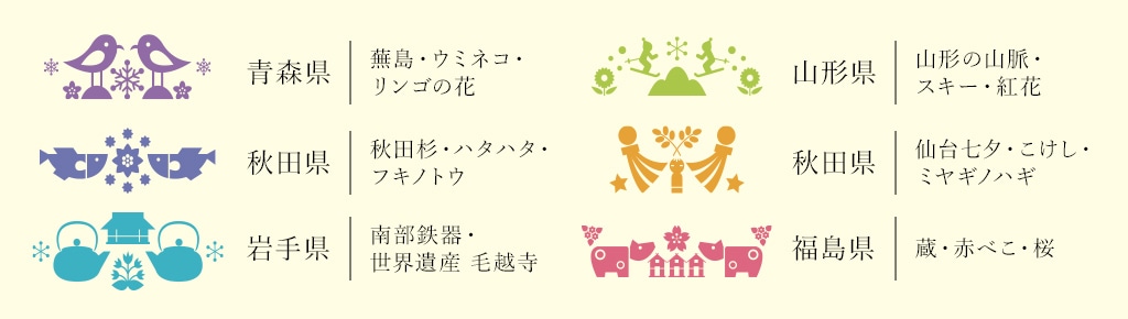 箱にあしらったデザインは、東北６県の自然や郷土品をモチーフにしております。