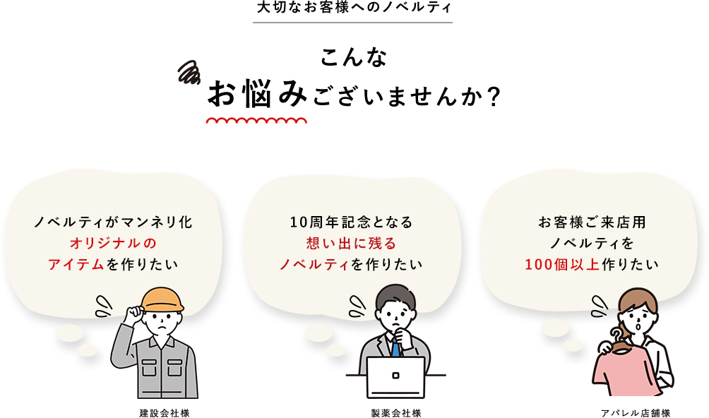 大切なお客様へのノベルティ こんなお悩みございませんか？ ノベルティがマンネリ化オリジナルのアイテムを作りたい 10周年記念となる想い出に残るノベルティを作りたい お客様ご来店用ノベルティを100個以上作りたい