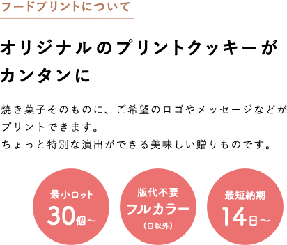 フードプリントについて オリジナルのプリントクッキーがカンタンに 焼き菓子そのものに、ご希望のロゴやメッセージなどがプリントできます。ちょっと特別な演出ができる美味しい贈りものです。 最小ロット30個～ 版代不要フルカラー(白以外) 最短納期14日～